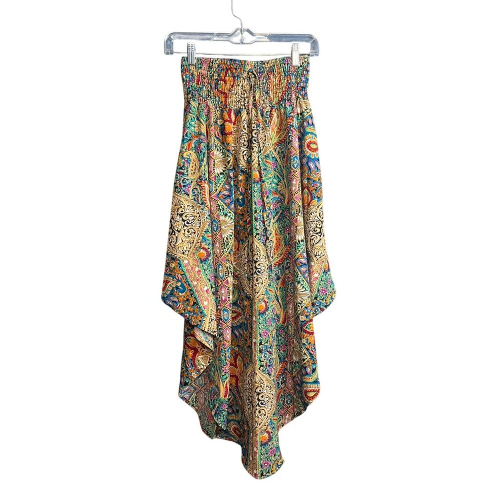 Boho Handkerchief Hem Paisley Skirt XS Smocked Waist